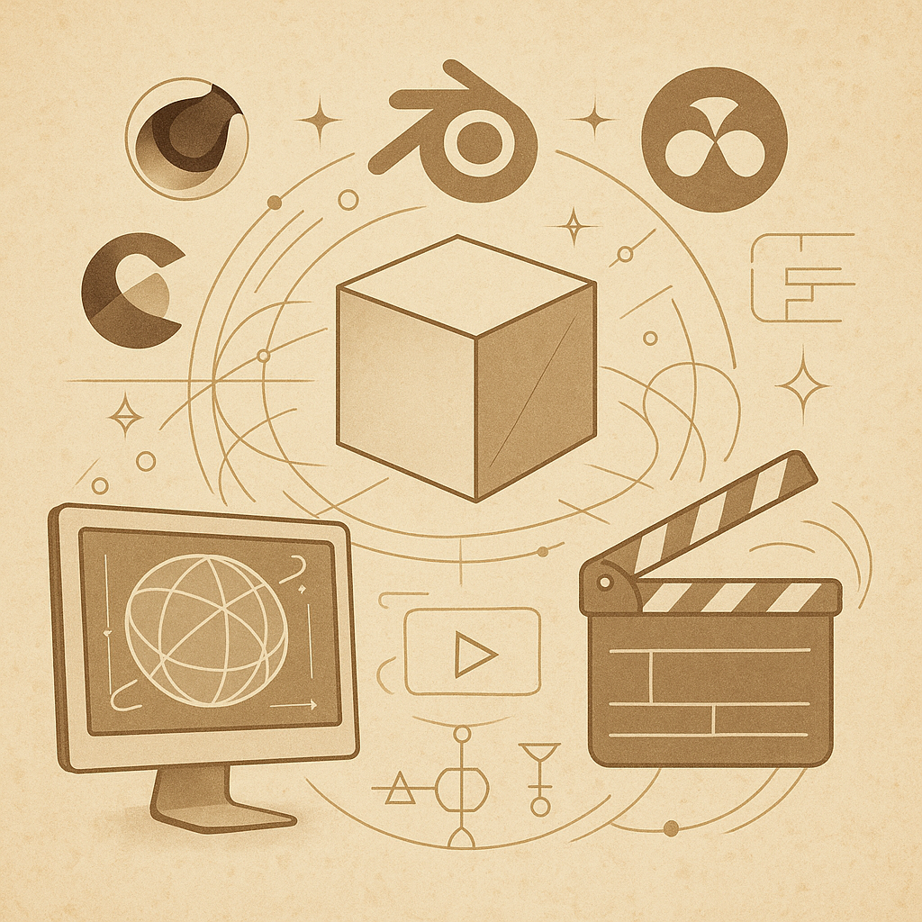 3D Artist / Visual Storyteller illustration of 3D tools and cinematic assets